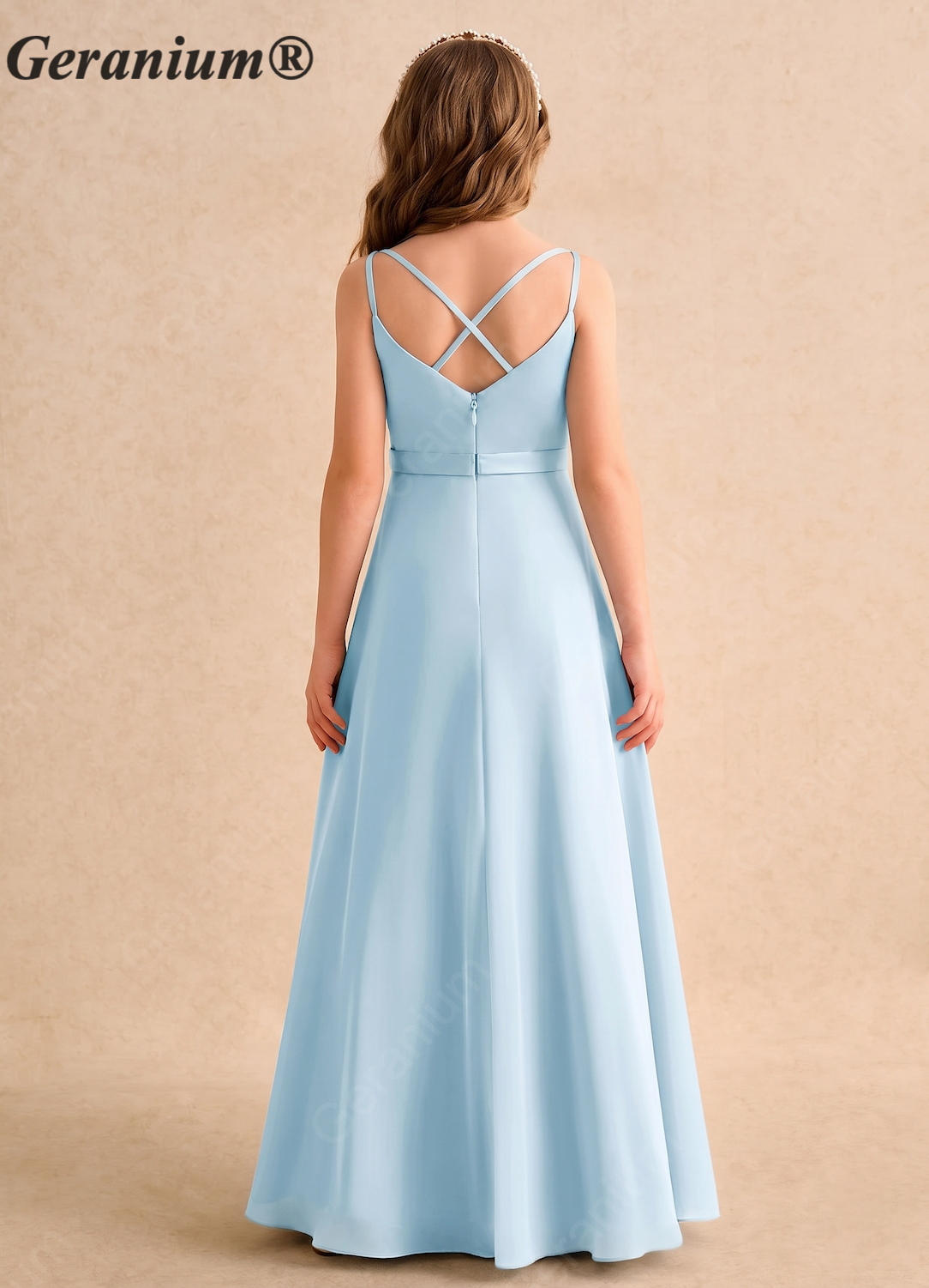Geranium Elegant Pleated V-Neck Chiffon Junior Bridesmaid Dress with Criss-Cross Back KD-130