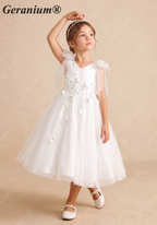 Geranium Elegant White 3D Floral Flower Girl Dress - Fairy Tulle Bow Shoulder V-Neck Princess Gown for Weddings & Parties KD-227
