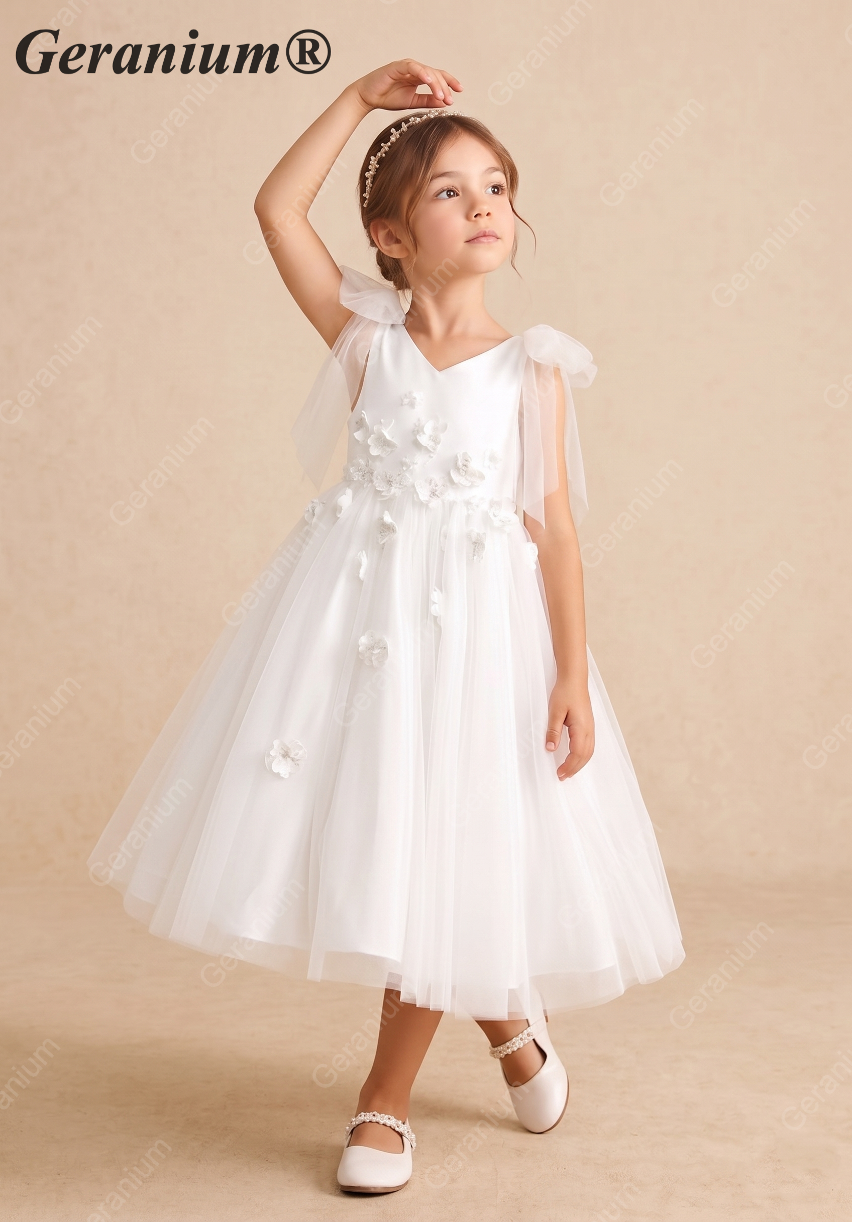 Geranium Elegant White 3D Floral Flower Girl Dress - Fairy Tulle Bow Shoulder V-Neck Princess Gown for Weddings & Parties KD-227