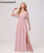 Geranium Elegant Cold Shoulder Chiffon Junior Bridesmaid Dress with Side Slit & Pleated Bodice KD-318