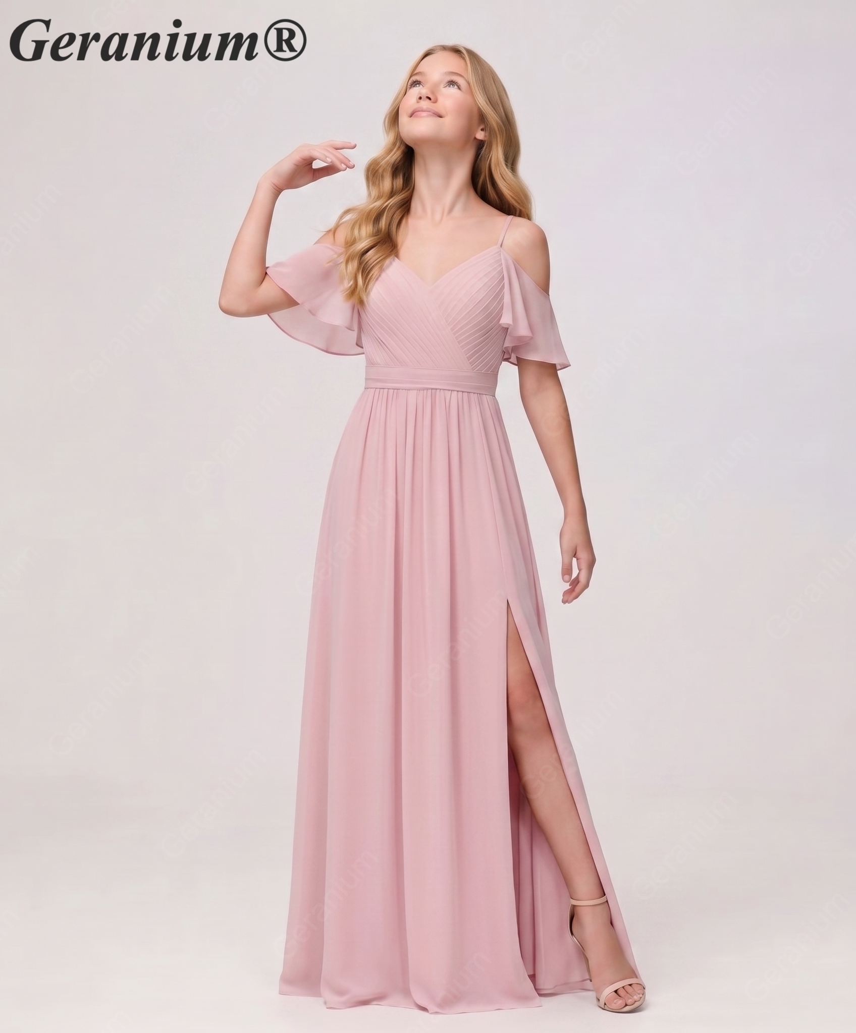 Geranium Elegant Cold Shoulder Chiffon Junior Bridesmaid Dress with Side Slit & Pleated Bodice KD-318