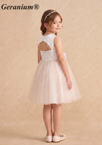 Geranium Elegant Satin and Tulle Flower Girl Dress with 3D Floral Waistband - Open Back KD-259