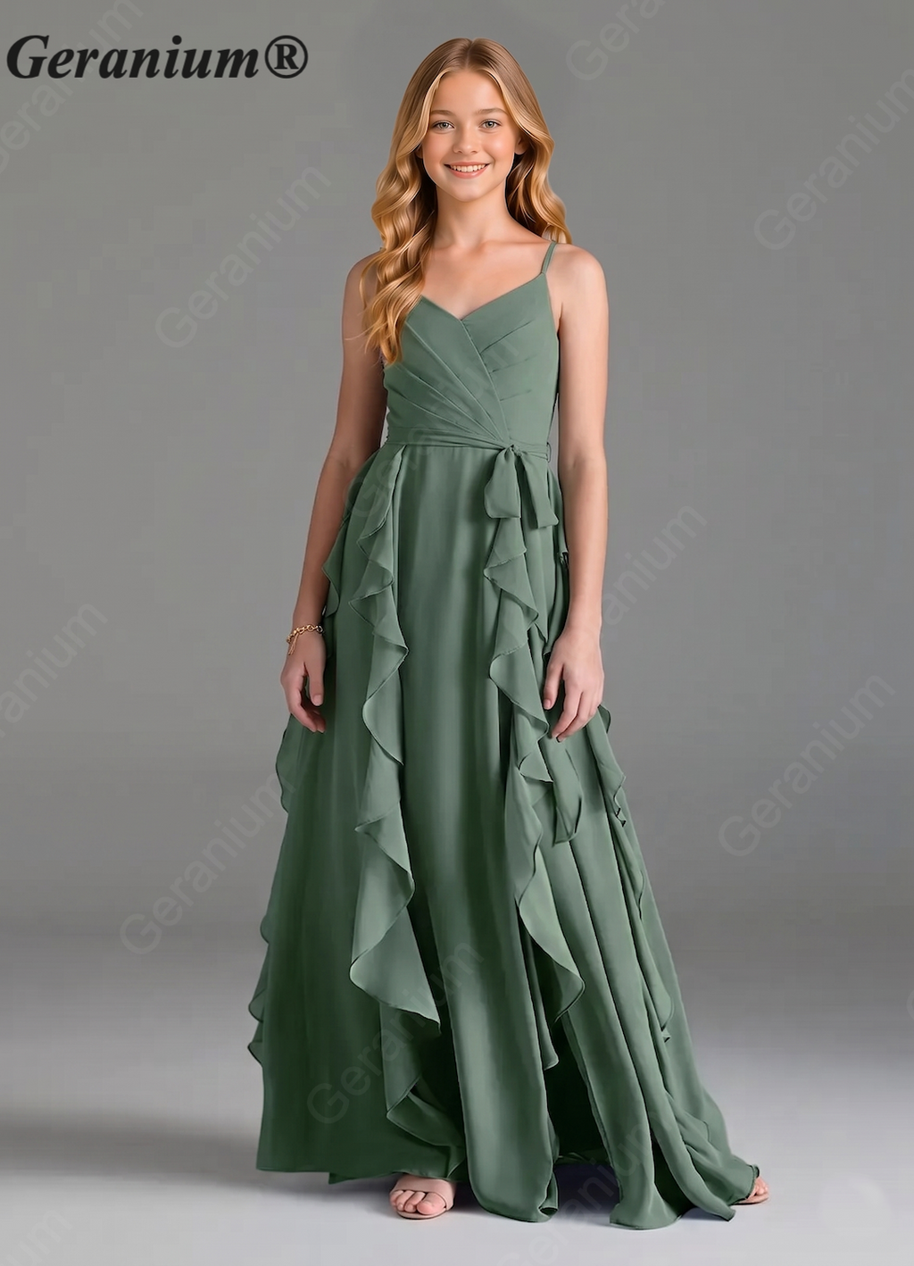Geranium Sage Green Chiffon Junior Bridesmaid Dress with Ruffle Skirt – Spaghetti Strap V-Neck Teen Formal Dress KD-57