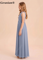 Geranium Dusty Blue Chiffon Junior Bridesmaid Dress – Sleeveless Ruched Bodice A-Line Floor Length Formal Dress KD-80