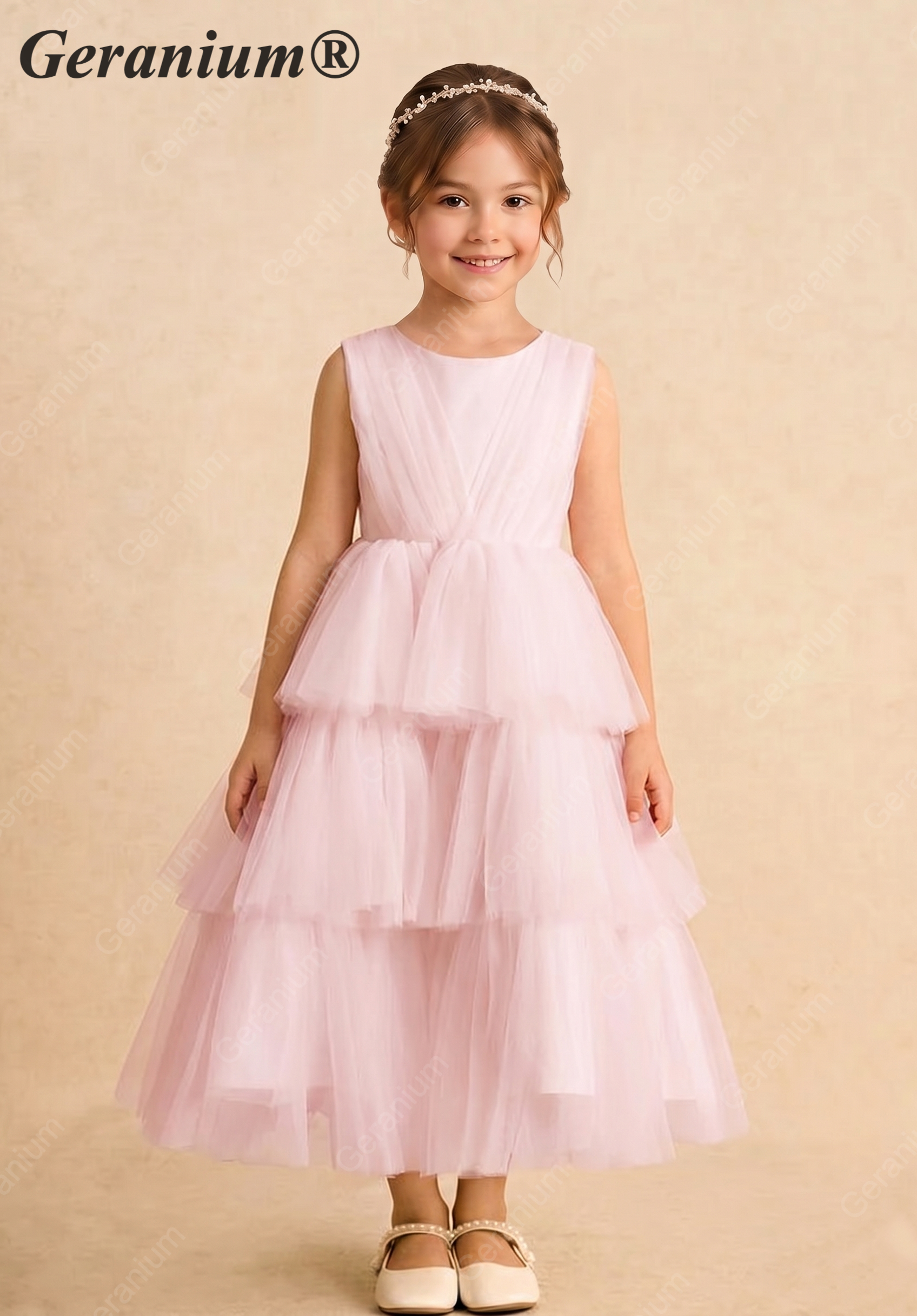 Geranium Tiered Tulle Flower Girl Dress with Satin Bow - Sleeveless Pink Party Gown for Kids KD-296 Secondary image