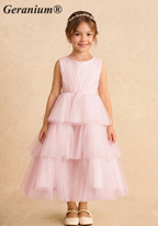 Geranium Tiered Tulle Flower Girl Dress with Satin Bow - Sleeveless Pink Party Gown for Kids KD-296