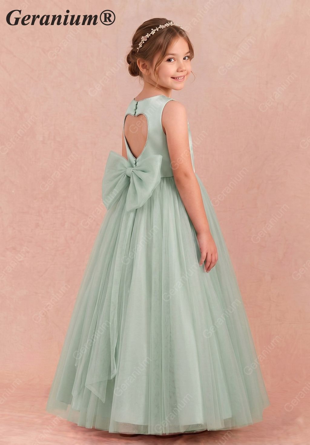 Geranium Heart Back Sage Green Tulle Flower Girl Dress with Oversized Bow KD-258