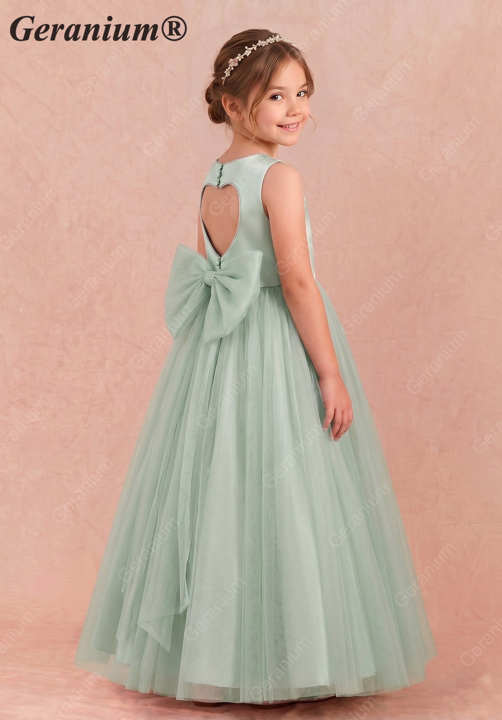 Geranium Heart Back Sage Green Tulle Flower Girl Dress with Oversized Bow KD-258