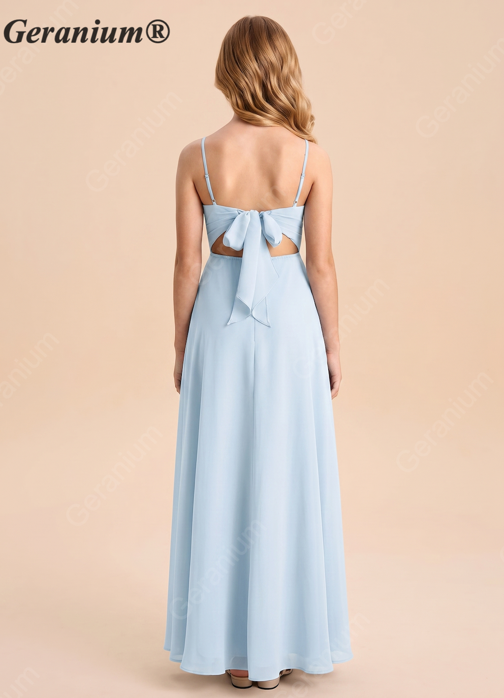 Geranium Elegant Sky Blue Bridesmaid Dress A-Line Spaghetti Strap with Open Back Bow KD-95