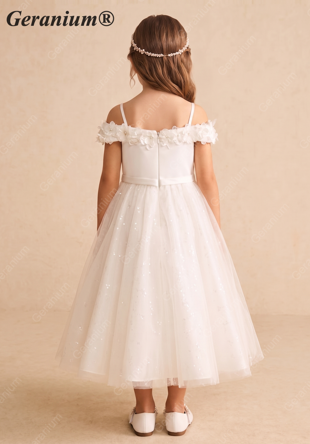 Geranium 2-in-1 Off-the-Shoulder Flower Girl Dress with 3D Floral Appliques & Tulle Skirt KD-233