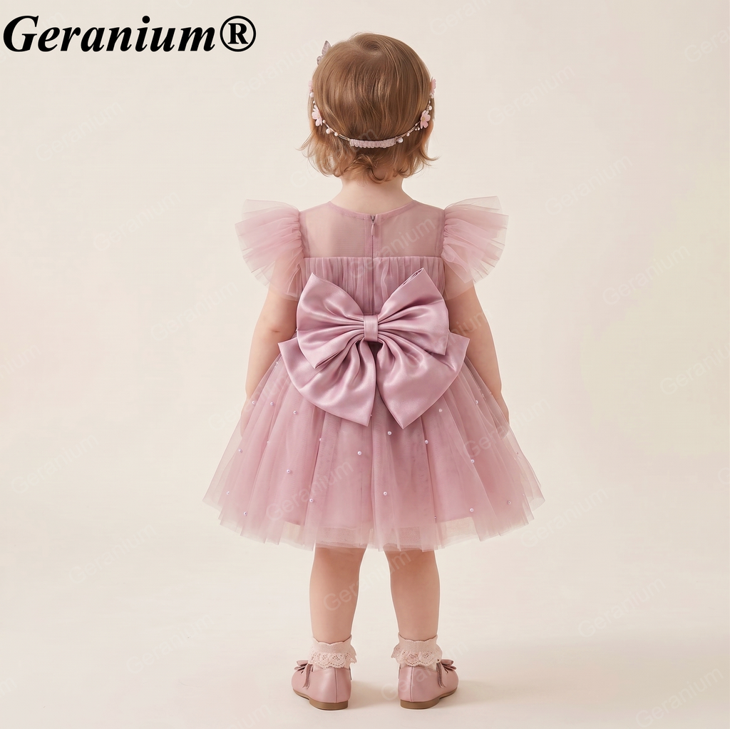 Geranium Elegant Toddler Girl Pink Pearl Tulle Princess Dress with Oversized Back Bow - Formal Birthday Party Gown KD-28
