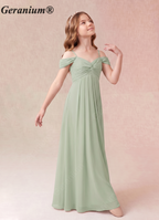 Geranium Sage Green Chiffon Off-Shoulder A-Line Maxi Dress with Ruched Bodice – Elegant Flowy Bridesmaid Dress KD-158