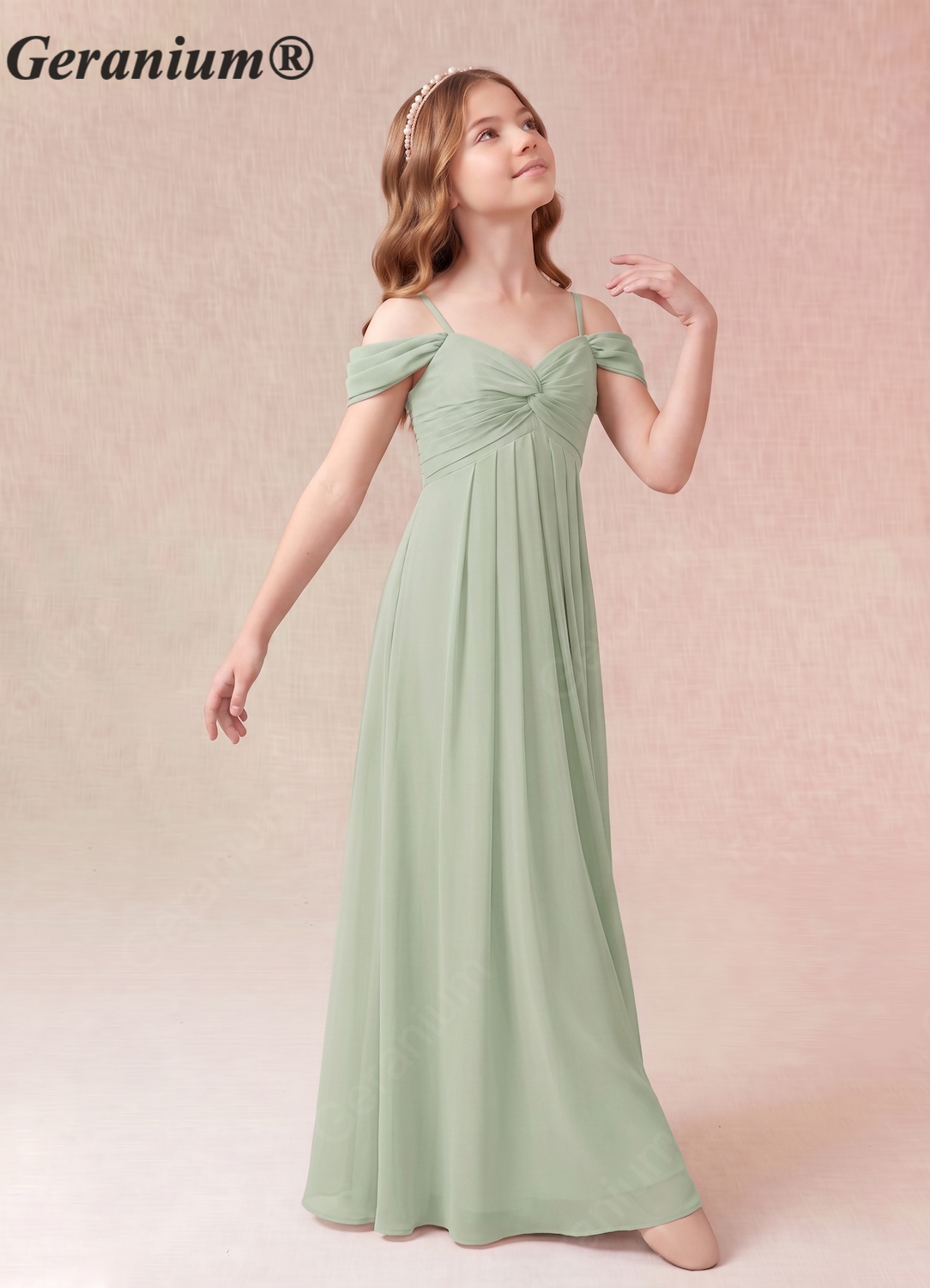 Geranium Sage Green Chiffon Off-Shoulder A-Line Maxi Dress with Ruched Bodice – Elegant Flowy Bridesmaid Dress KD-158