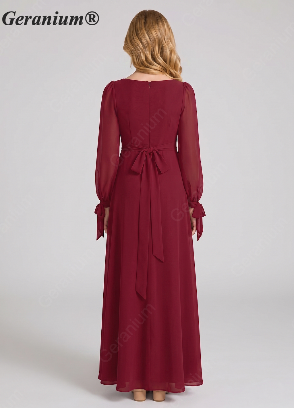 Geranium Elegant Square Neck Long Sleeve Chiffon Junior Bridesmaid Dress with Bow KD-86