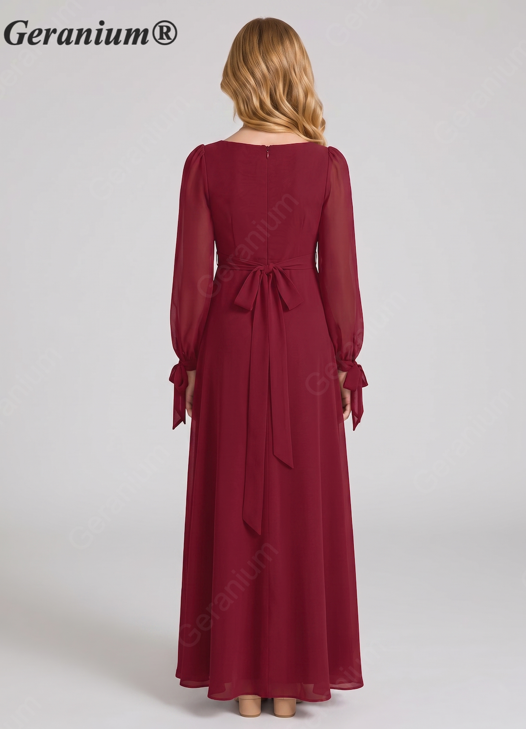 Geranium Elegant Square Neck Long Sleeve Chiffon Junior Bridesmaid Dress with Bow KD-86