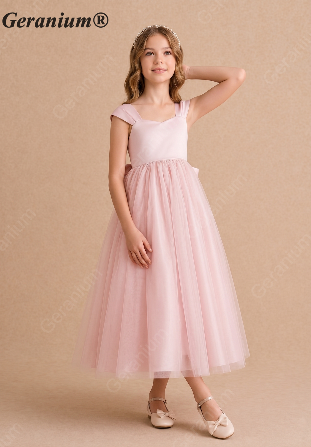 Geranium Elegant Blush Pink Satin and Tulle Flower Girl Dress with Oversized Back Bow KD-184J Secondary image