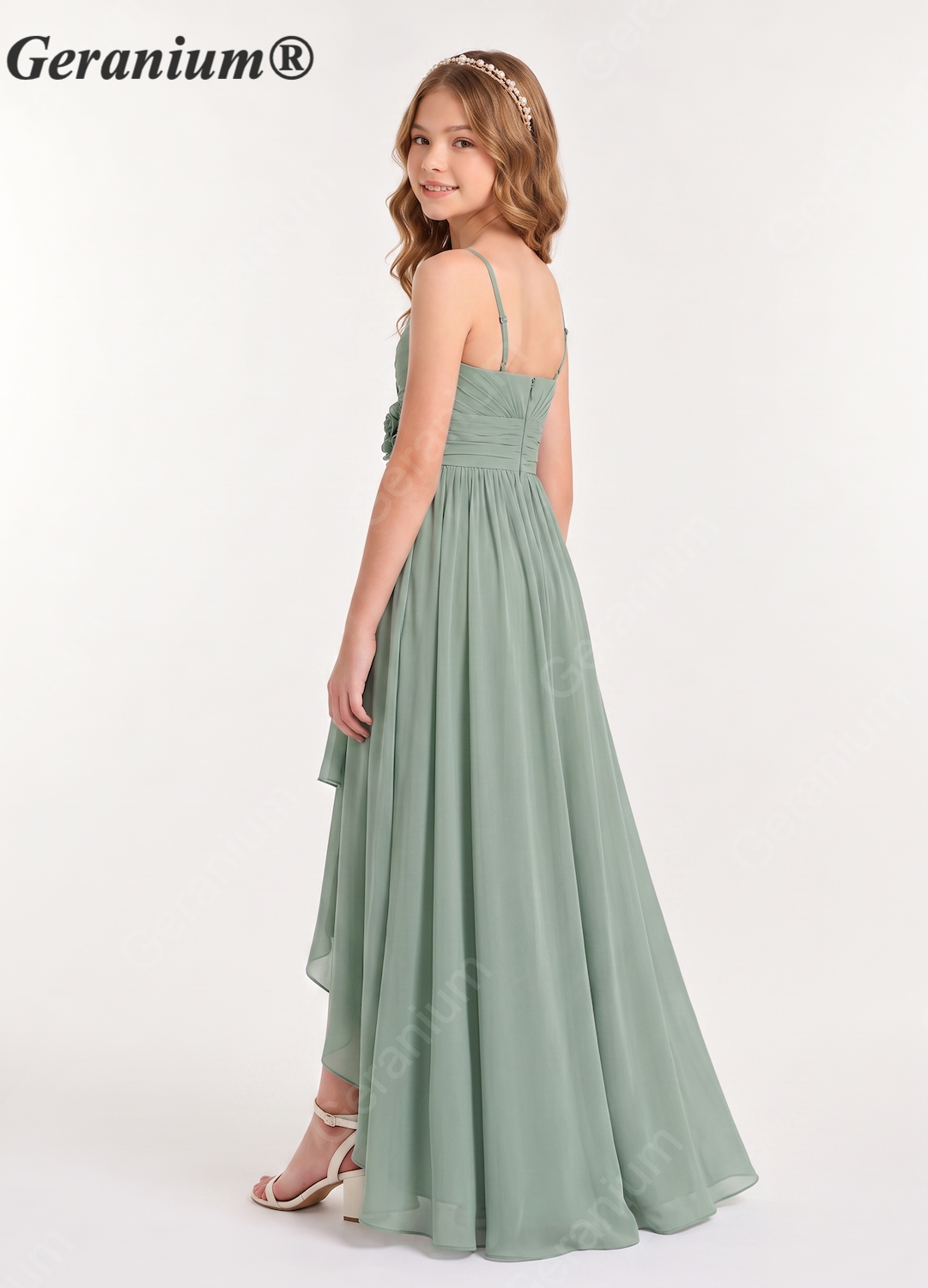 Geranium High-Low Chiffon Junior Bridesmaid Dress with Floral Waist Detail – KD-63J Secondary image