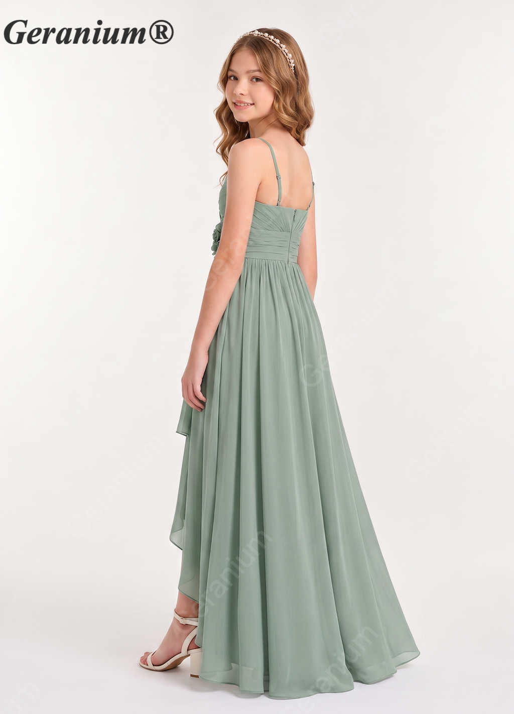 Geranium Elegant Spaghetti Strap High-Low Chiffon Junior Bridesmaid Dress with Floral Sash KD-63J