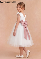 Geranium Elegant White Flower Girl Dress - Ruffle Cap Sleeve Tulle A-Line Party Gown with Optional Mauve Sash KD-272