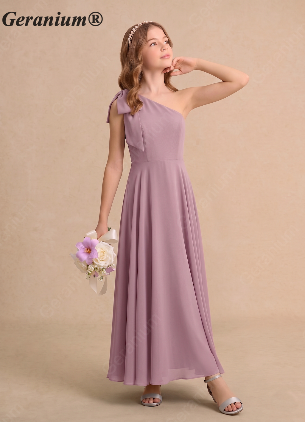 Geranium Dusty Mauve One Shoulder Flower Girl Dress with Bow – Elegant Chiffon Junior Bridesmaid Dress Long KD-106