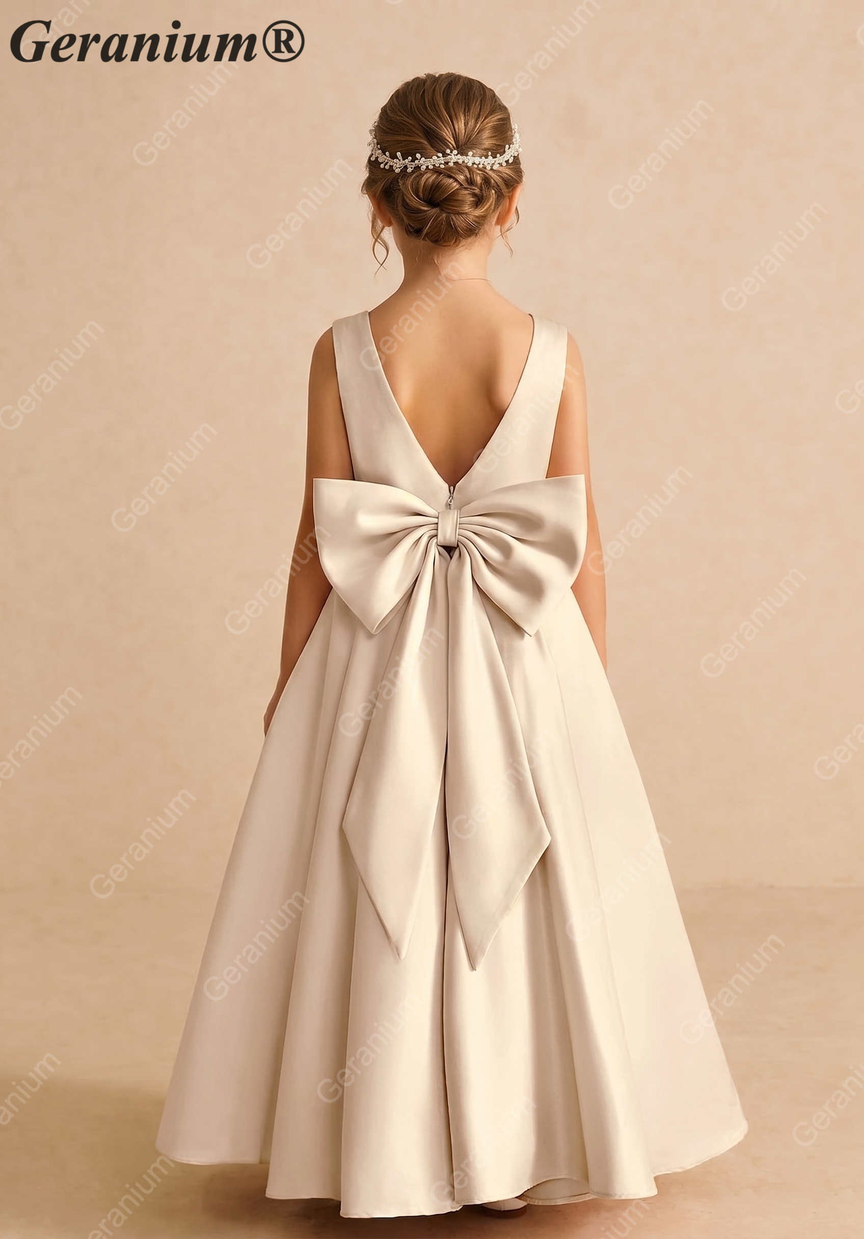 Geranium Elegant Champagne Satin Flower Girl Dress - Back Big Bow A-Line Communion & Party Gown KD-196