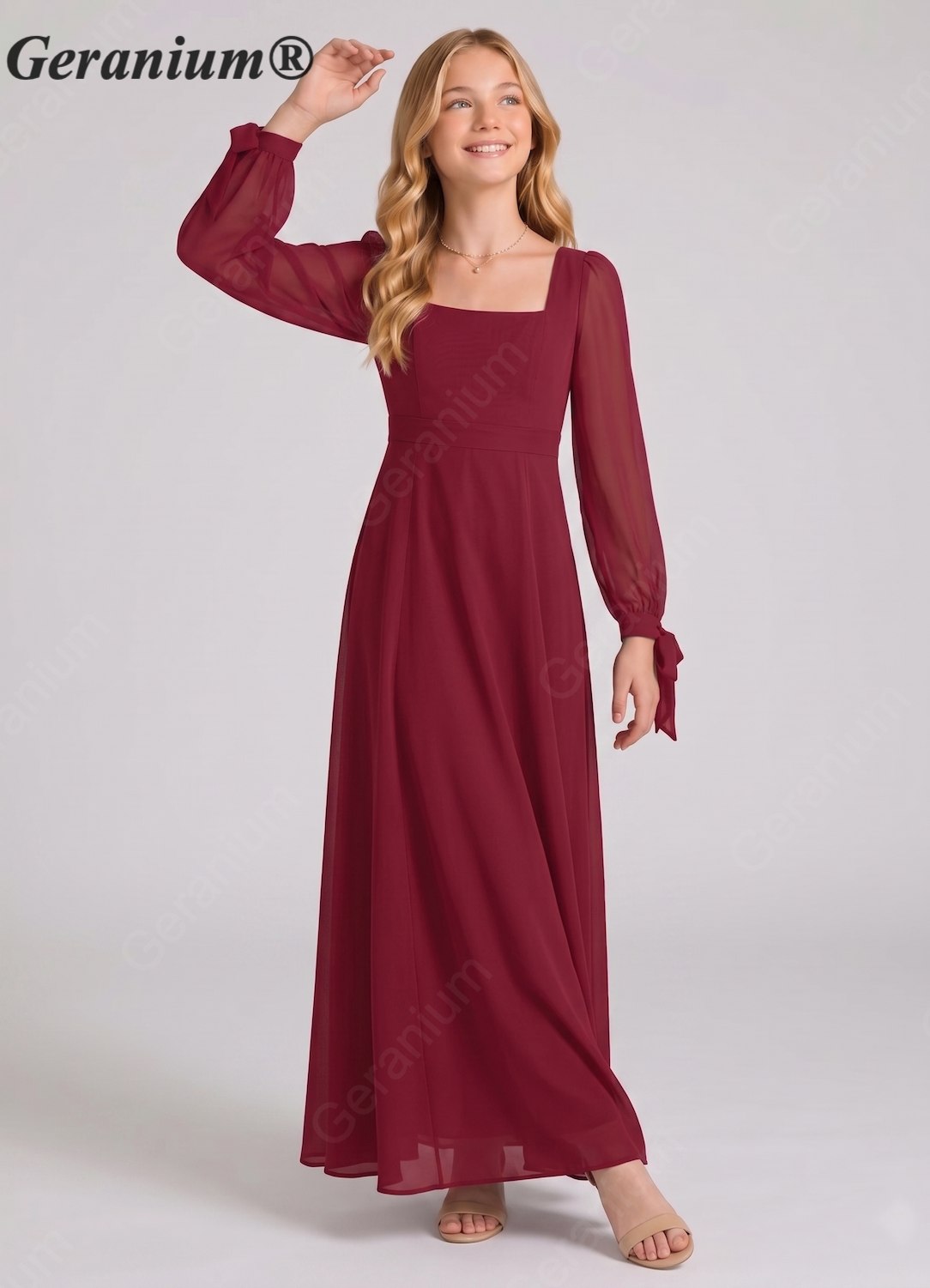 Geranium Elegant Square Neck Long Sleeve Chiffon Junior Bridesmaid Dress with Bow KD-86 Secondary image