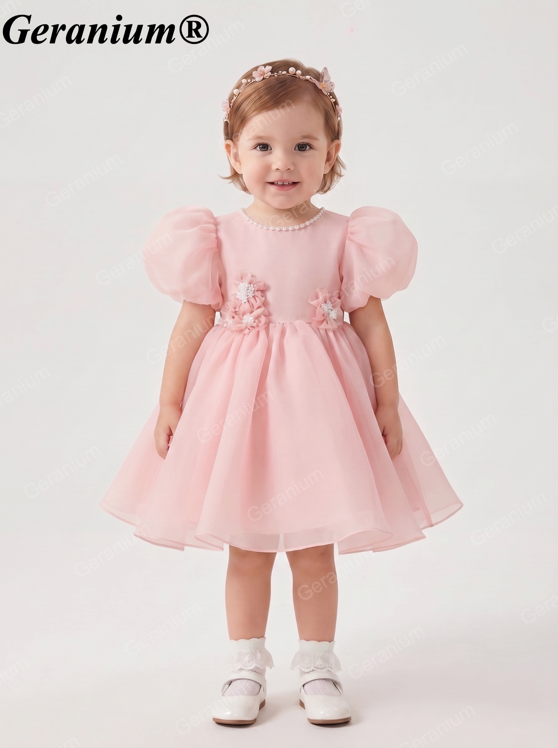 Geranium Elegant Blush Pink Puff Sleeve Baby Girl Dress - 3D Floral Appliques & Large Back Bow - Perfect for 1st Birthday, Weddings & Parties KD-364