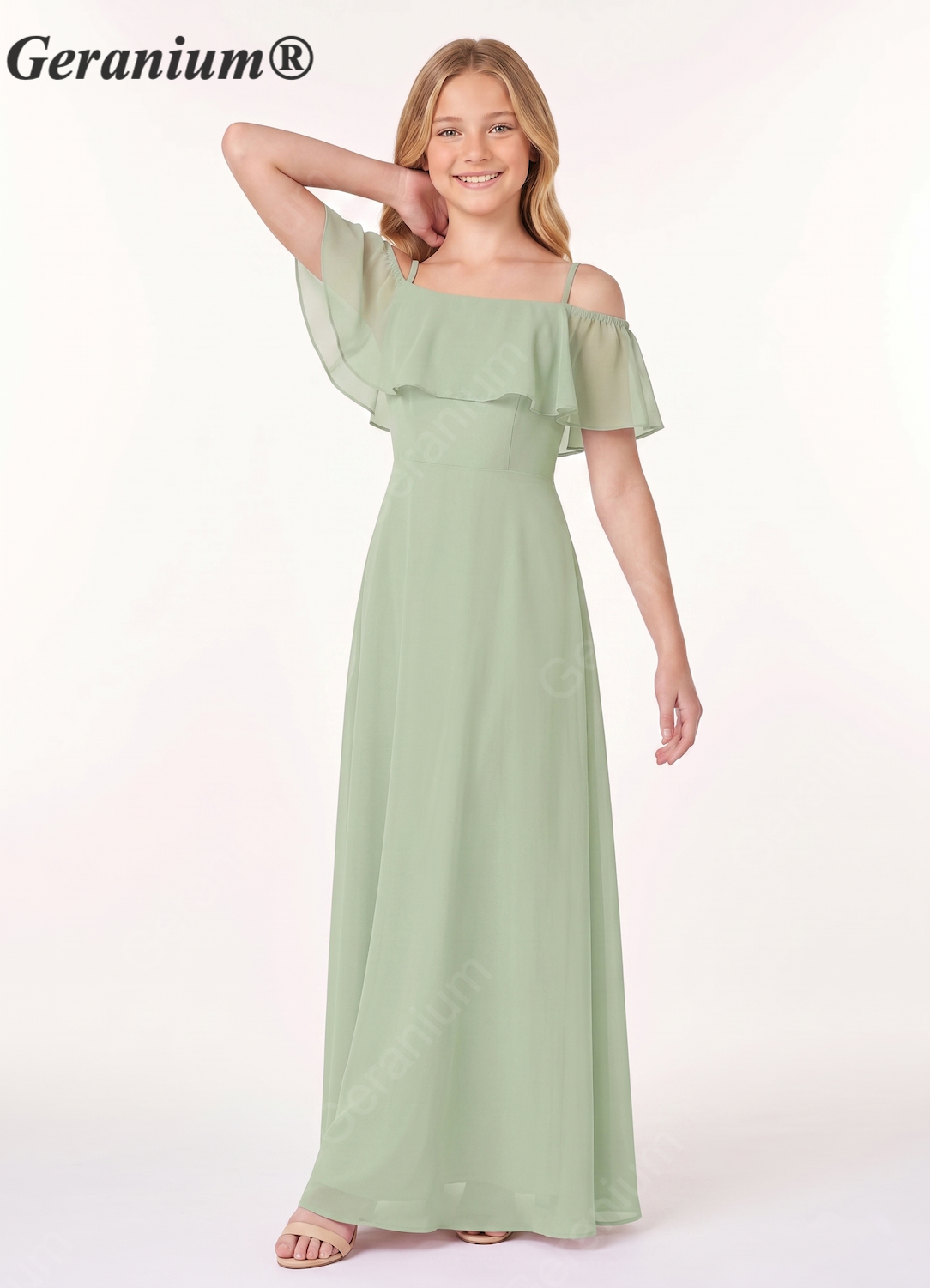 Geranium Elegant Cold-Shoulder Ruffle Chiffon Junior Bridesmaid Maxi Dress - Sage Green KD-71 Secondary image