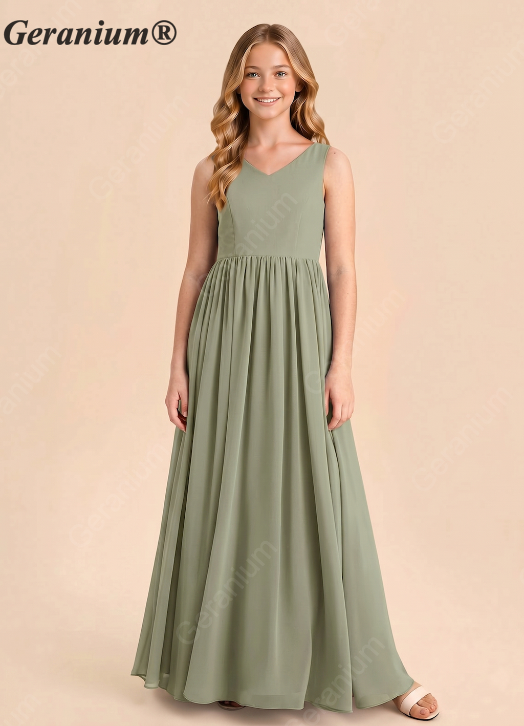 Geranium Elegant Sage Green Chiffon Floor-Length Bridesmaid Dress - V-Neck A-Line Gown with Large Back Bow, for Weddings and Formal Occasions KD-73
