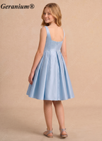 Geranium Sky Blue Square Neck Satin Flower Girl Dress with Pearl Beading & Pleated Bodice KD-251