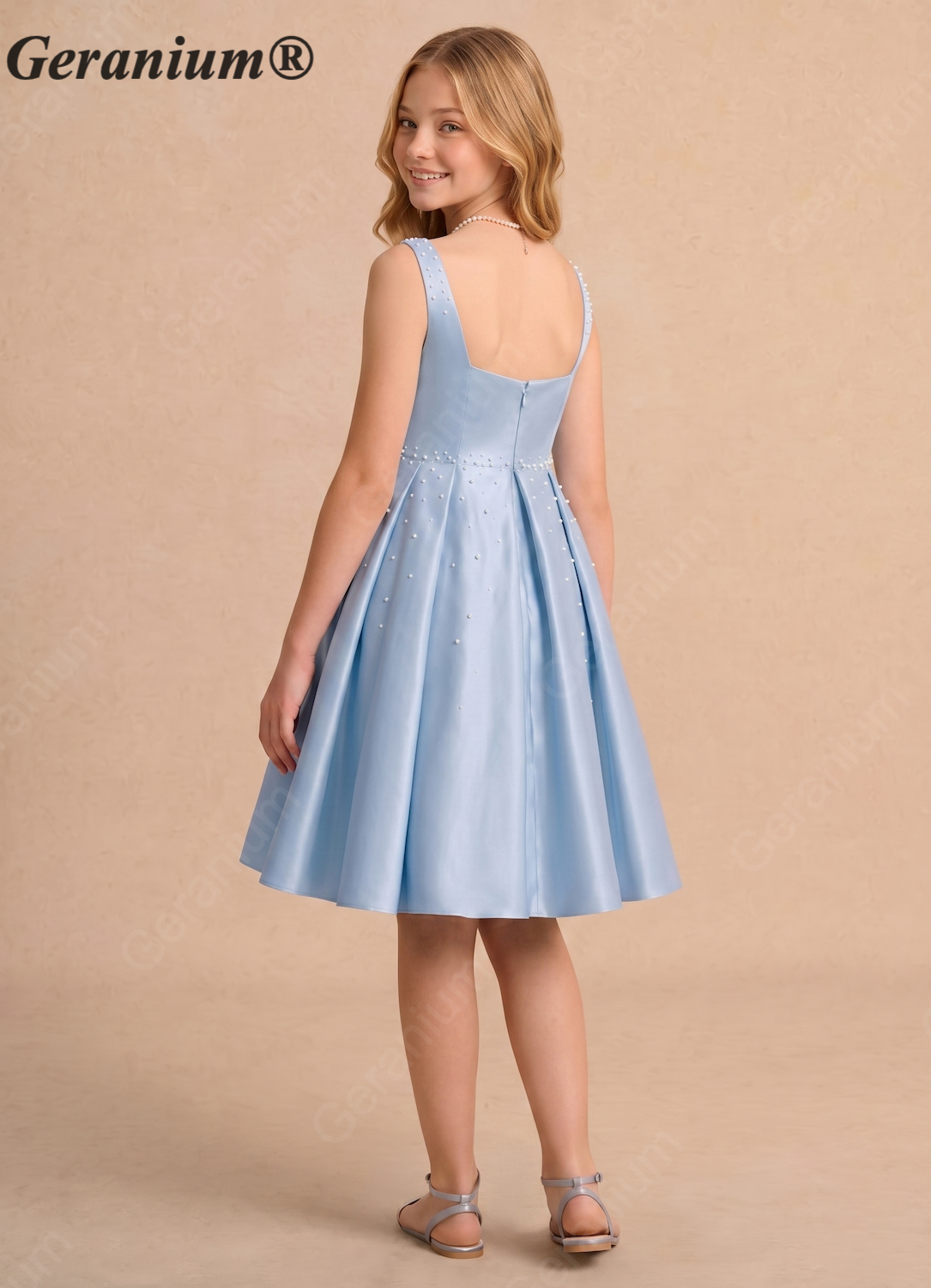 Geranium Sky Blue Square Neck Satin Flower Girl Dress with Pearl Beading & Pleated Bodice KD-251