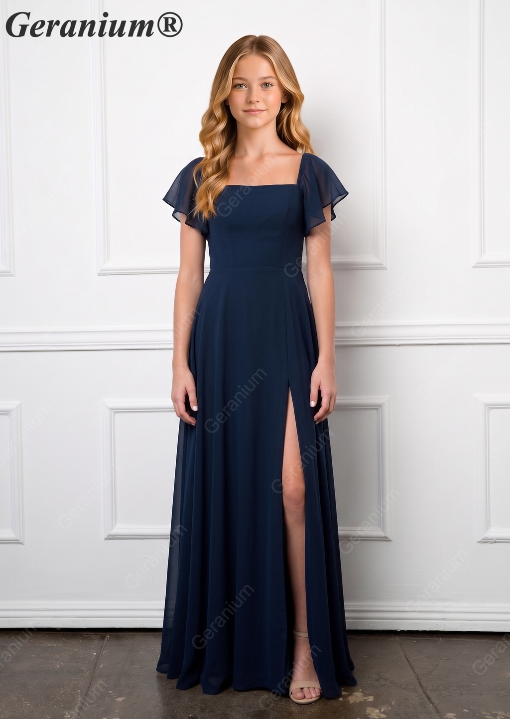 Geranium Elegant Chiffon Square Neck Junior Bridesmaid Dress with Flutter Sleeves & Slit KD-308