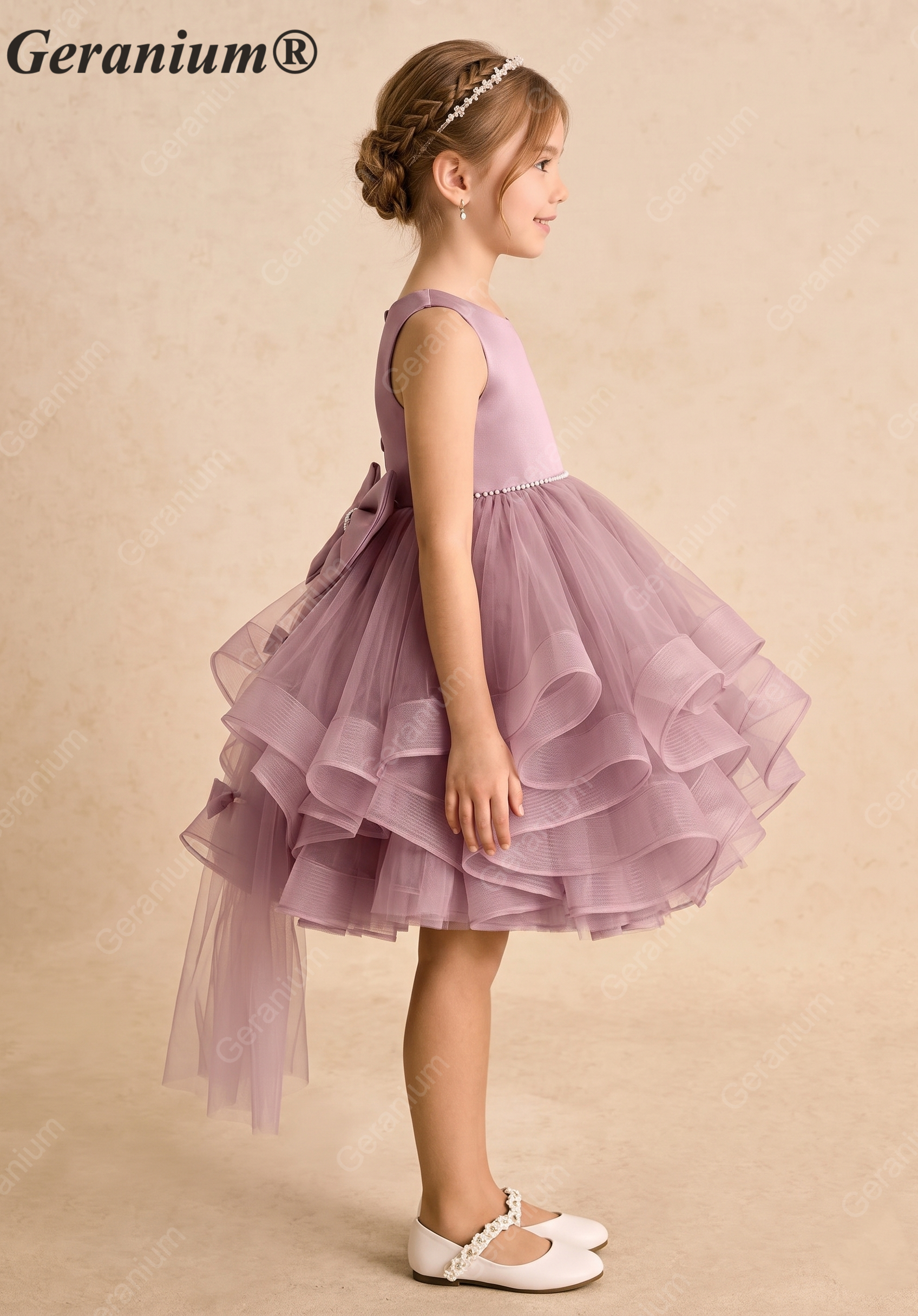 Garanium Girls Dusty Rose Multi-Tiered Tulle Party Dress - Luxury Pearl Waistband & Detachable Bow Train Flower Girl Gown KD-287