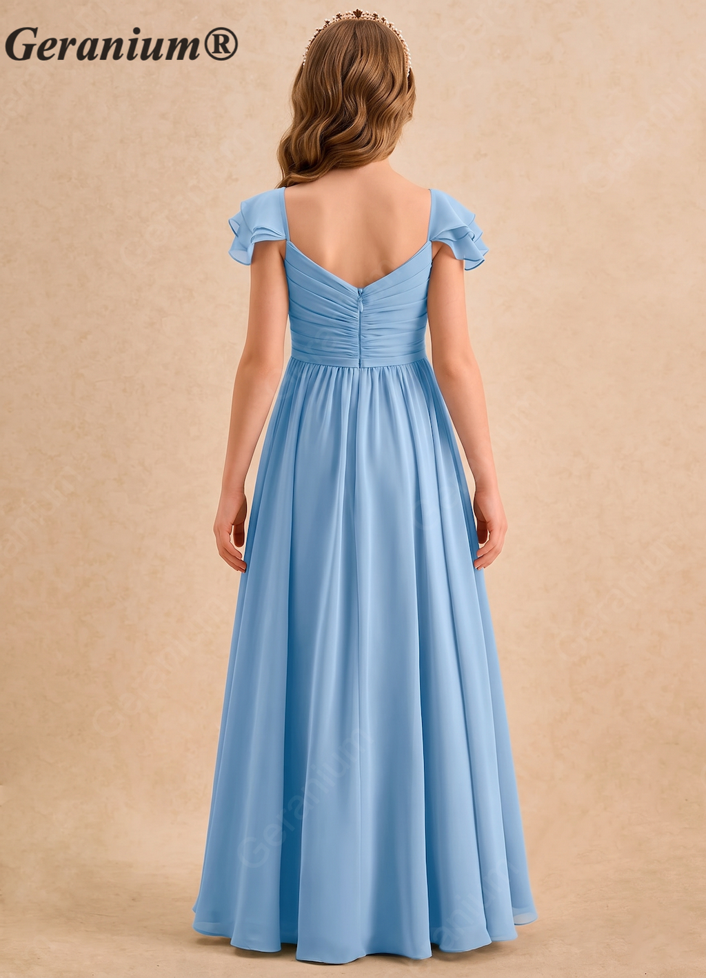 Geranium Elegant Chiffon Junior Bridesmaid Dress with Flutter Sleeves & Pleated V-Neck KD-126