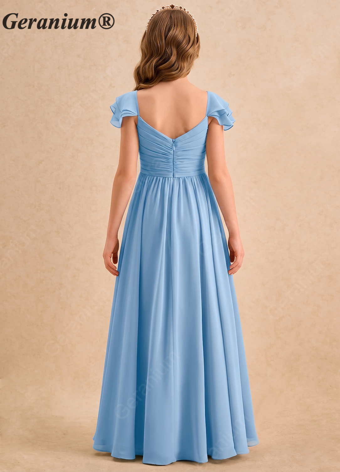Geranium Elegant Chiffon Junior Bridesmaid Dress with Flutter Sleeves & Pleated V-Neck KD-126