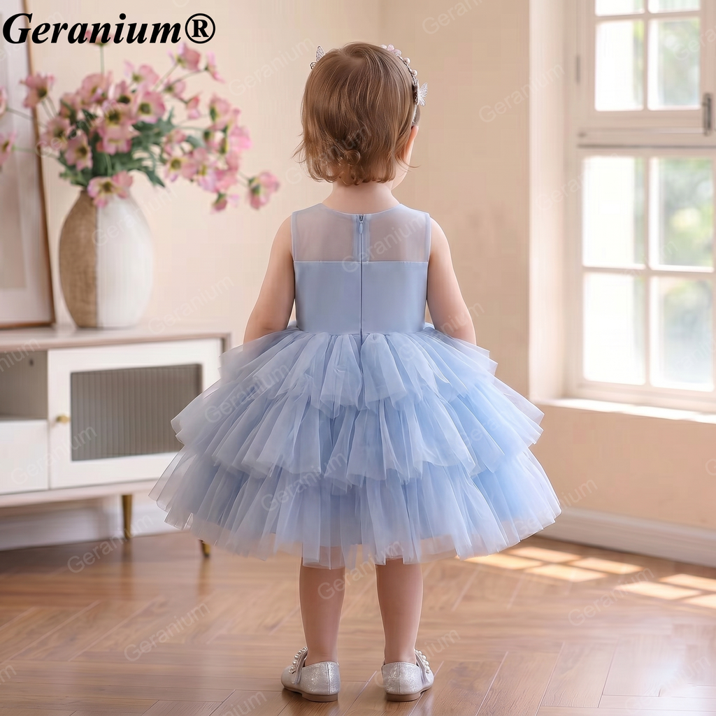 Geranium Elegant Sky Blue Tulle Flower Girl Dress - Ruffled Tiered Lace Party Gown for Toddlers & Infants KD-49