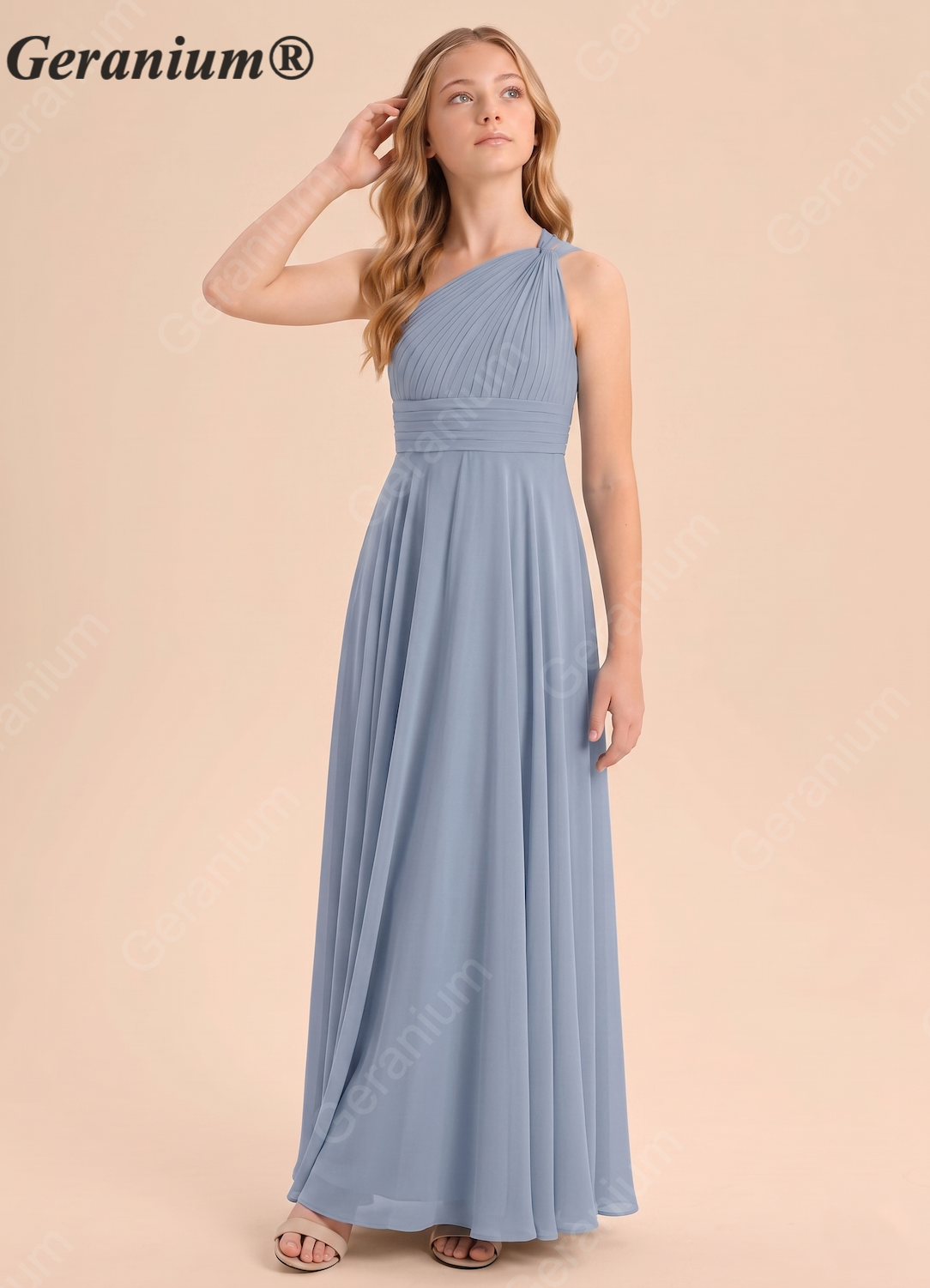Geranium Dusty Blue One-Shoulder Chiffon Bridesmaid Dress with Pleated Bodice & Flowing A-Line Skirt KD-79 Main image