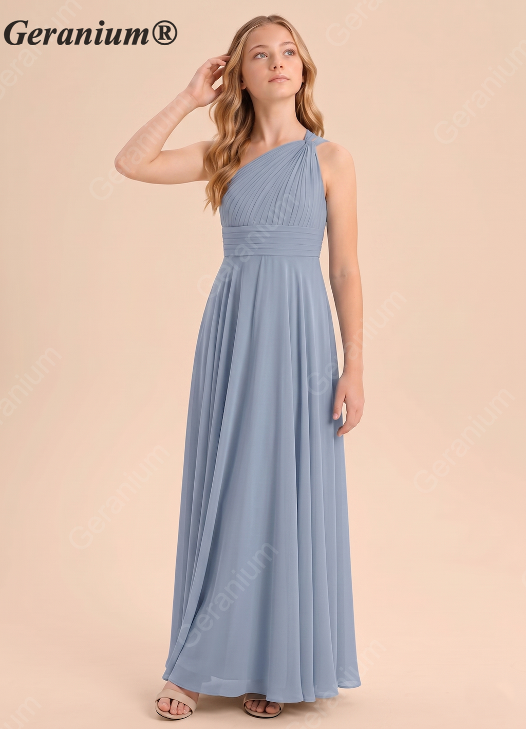 Geranium Dusty Blue One-Shoulder Chiffon Bridesmaid Dress with Pleated Bodice & Flowing A-Line Skirt KD-79