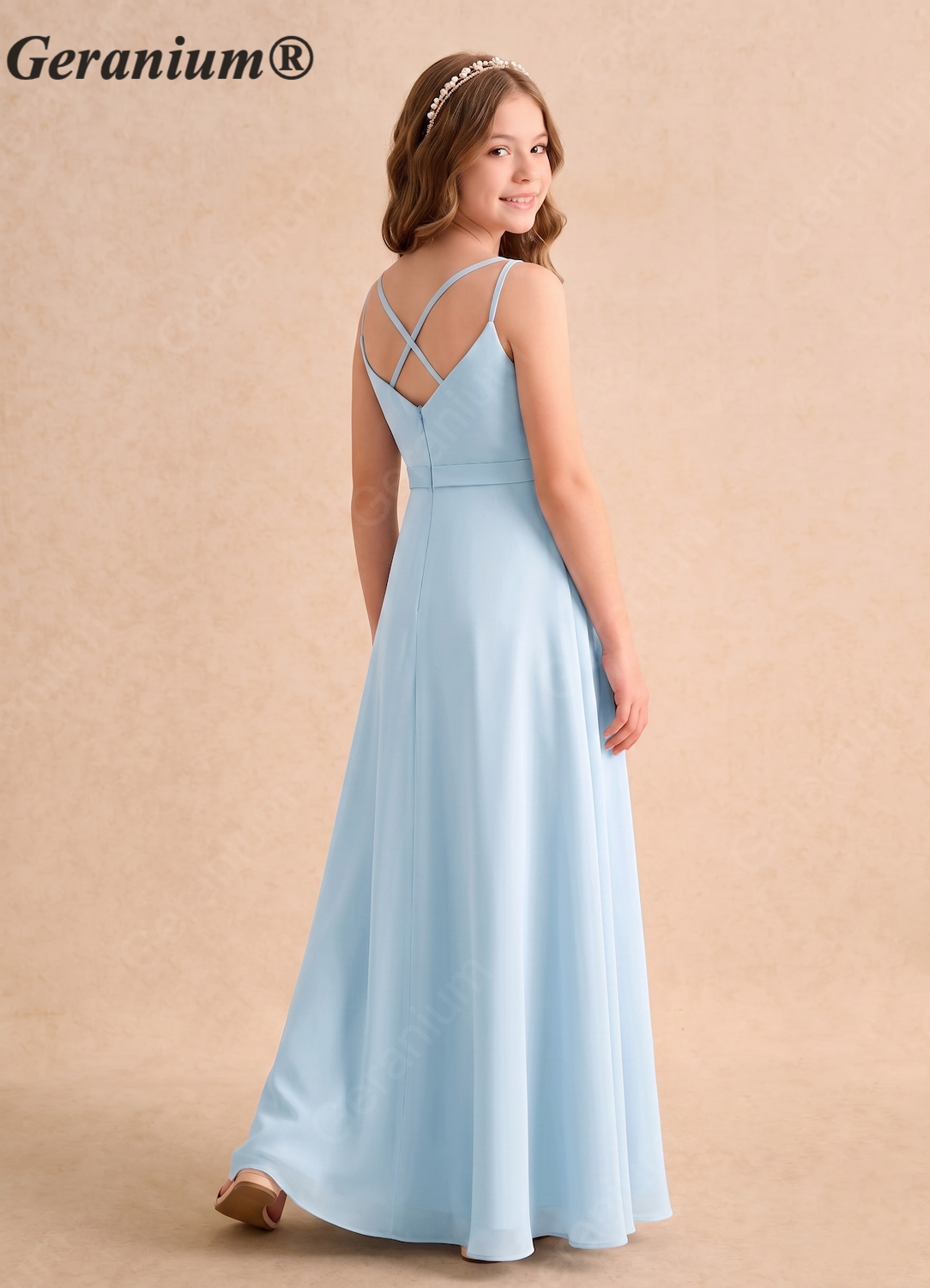 Geranium Light Blue Chiffon Junior Bridesmaid Dress with Flutter Sleeves & Criss Cross Back – KD-130 Secondary image