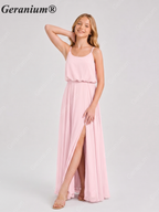 Geranium Elegant Chiffon Spaghetti Strap Junior Bridesmaid Dress with Leg Slit KD-314