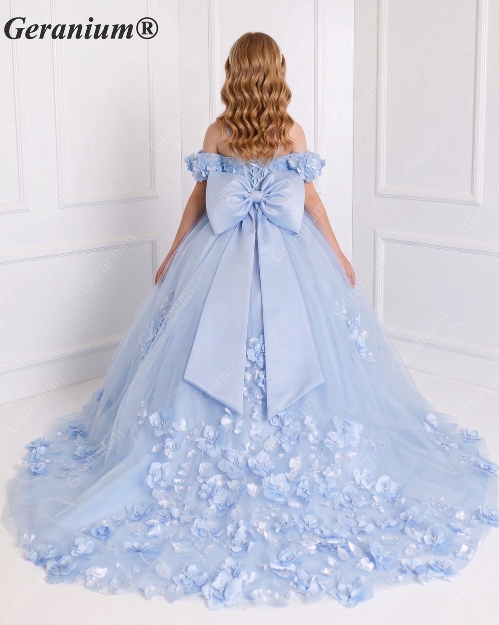 Geranium Exquisite Sky Blue Off-Shoulder 3D Floral Girls Pageant Dress with Long Cascading Train & Giant Bow KD-377