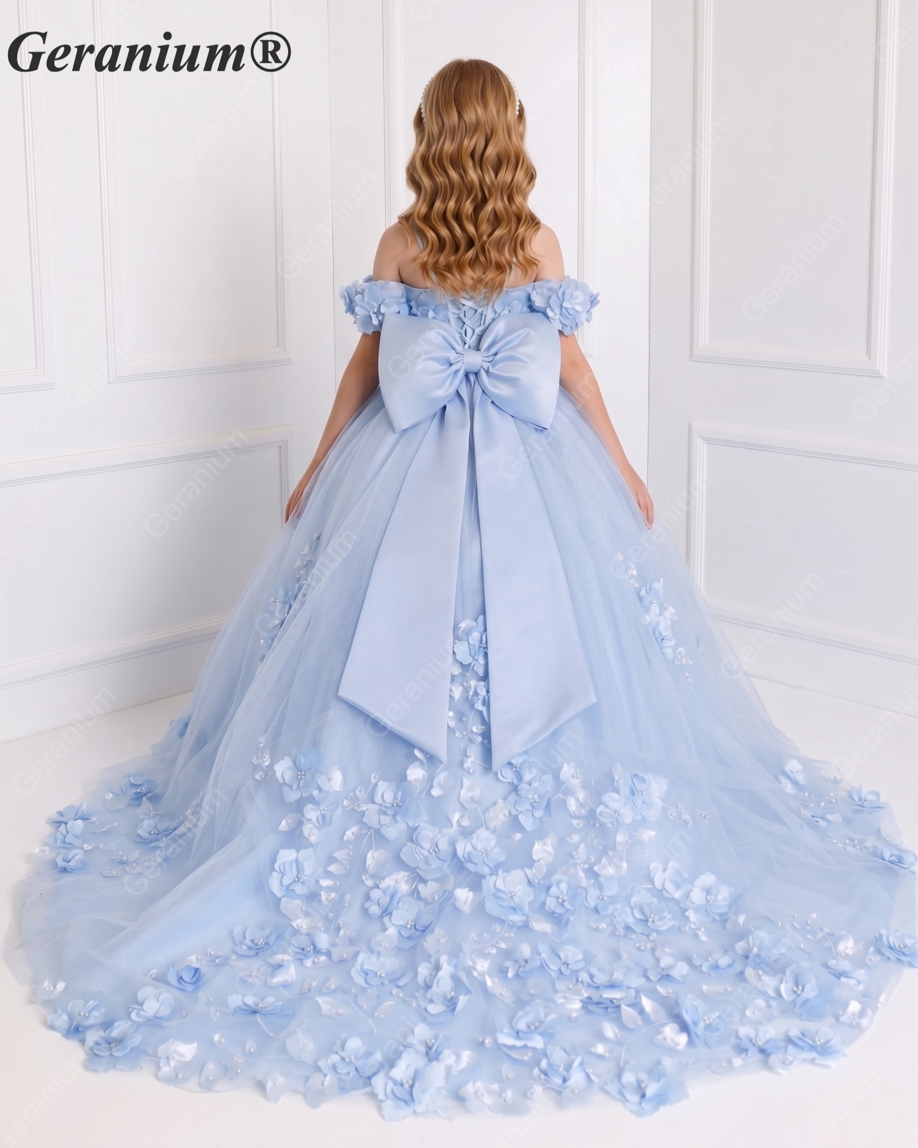 Geranium Exquisite Sky Blue Off-Shoulder 3D Floral Girls Pageant Dress with Long Cascading Train & Giant Bow KD-377