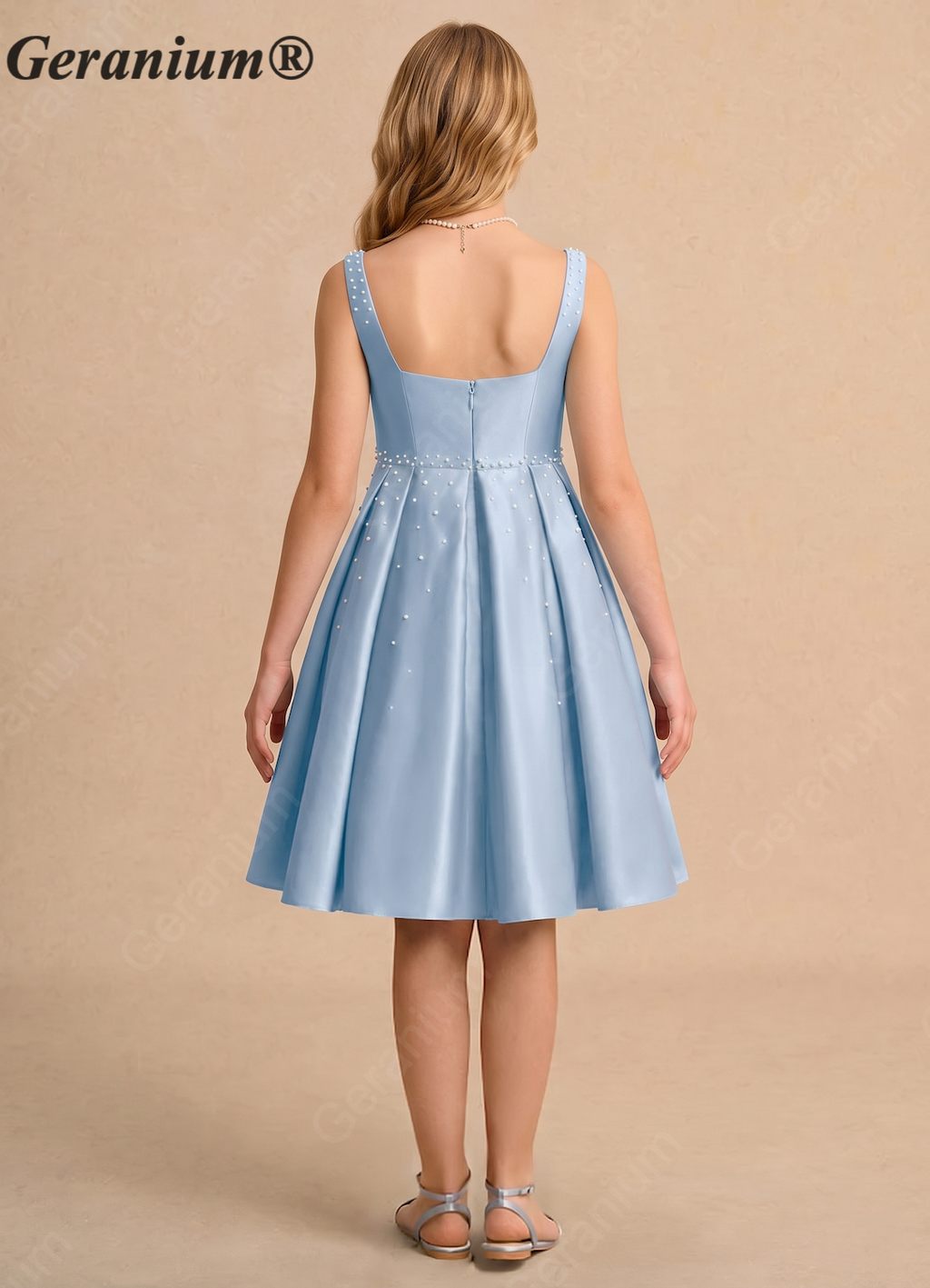 Geranium Sky Blue Square Neck Satin Flower Girl Dress with Pearl Beading & Pleated Bodice KD-251