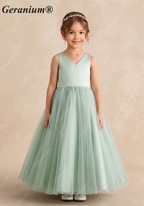 Geranium Elegant V-Neck Sage Green Flower Girl Dress - Tulle Ball Gown with Criss-Cross Back and Removable Big Bow KD-209