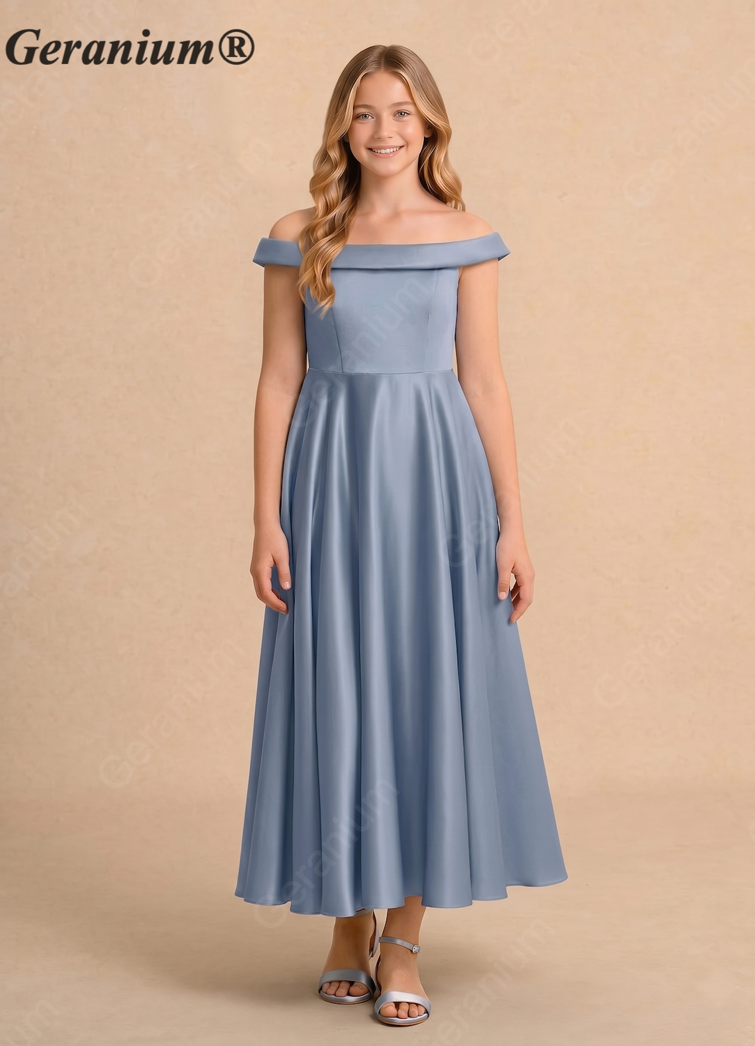 Geranium Junior Off Shoulder Satin A-Line Flower Girl Dress Dusty Blue Tea Length Wedding Party Dress for Girls KD-60 Main image