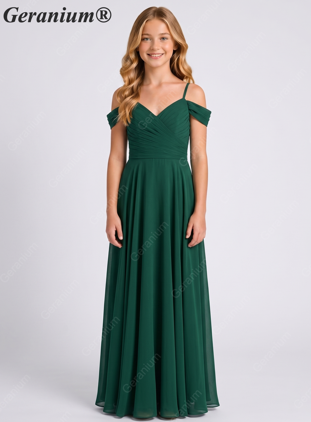 Geranium Dark Green Off-the-Shoulder Chiffon Floor-Length Teen Bridesmaid Dress KD-307
