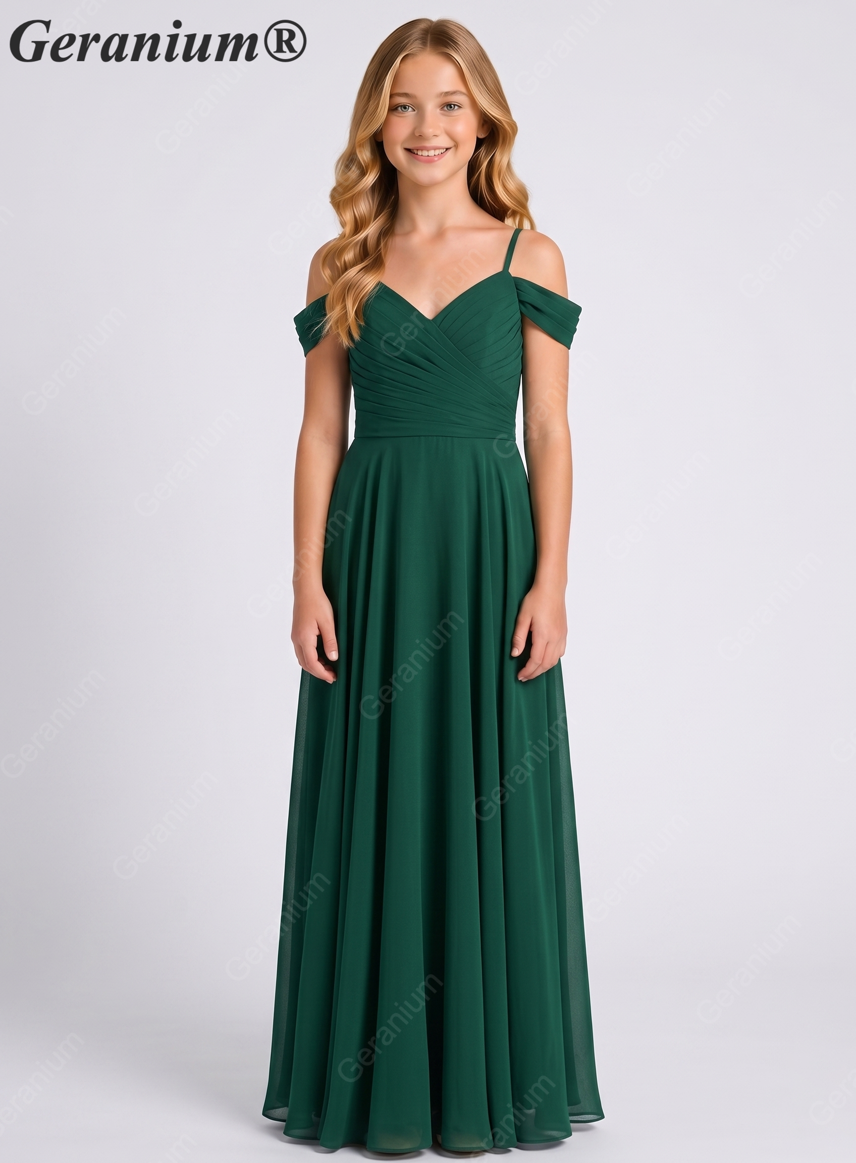 Geranium Dark Green Off-the-Shoulder Chiffon Floor-Length Teen Bridesmaid Dress KD-307