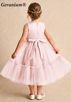 Geranium Elegant Blush Pink Tulle Flower Girl Dress - Satin Bodice with Handmade 3D Rosettes KD-206