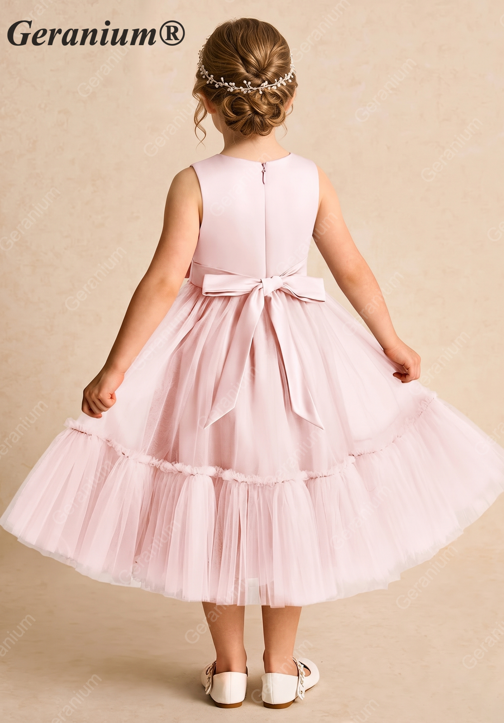 Geranium Elegant Blush Pink Tulle Flower Girl Dress - Satin Bodice with Handmade 3D Rosettes KD-206