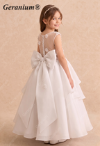 Geranium Luxury 3D Floral Applique Asymmetric Layered Flower Girl Dress with Oversized Back Bow KD-245